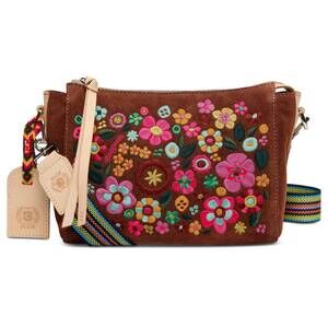 Consuela Brown Suede Crossbody with Multicolor Floral Embroidery
